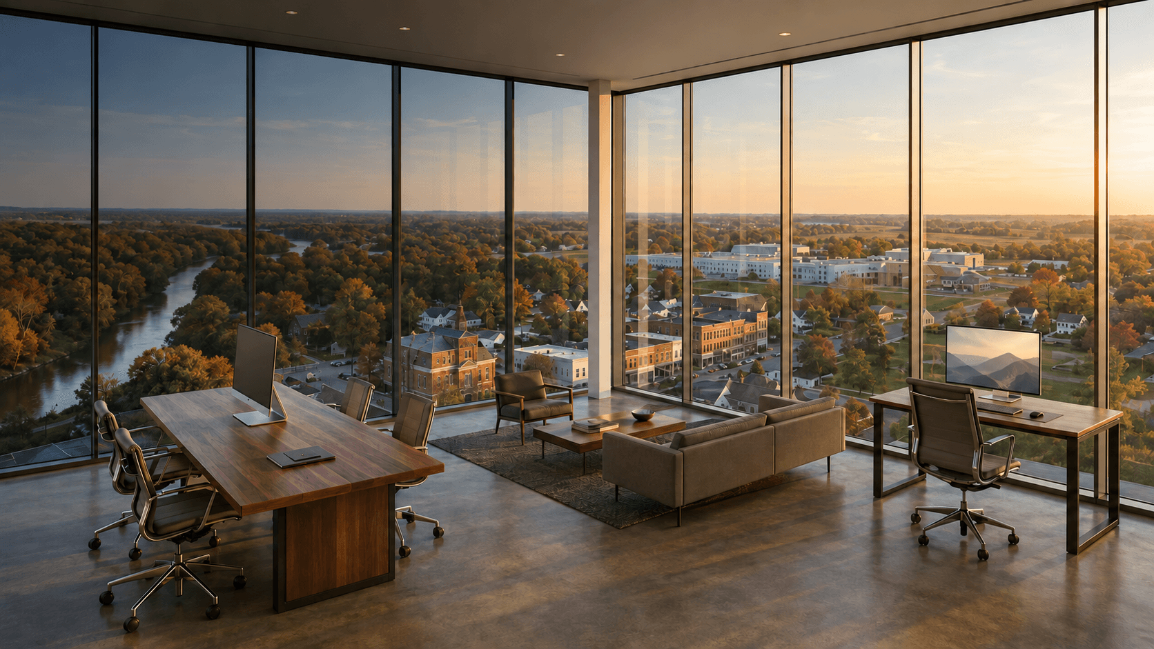 A sunlit office overlooking a river and autumn trees.